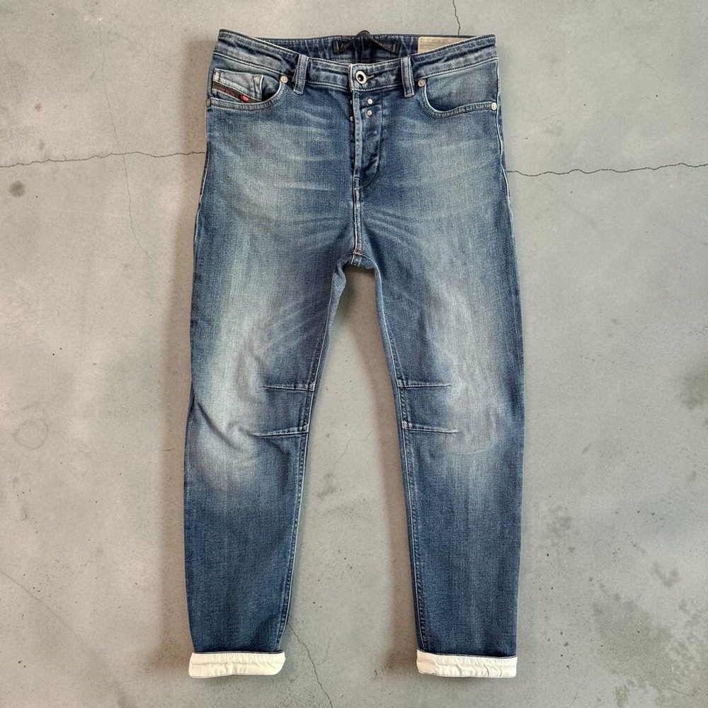 Diesel Eazee Relaxed Boyfriend Jeans Size 24 Blue Distressed Low Waist Cuffs